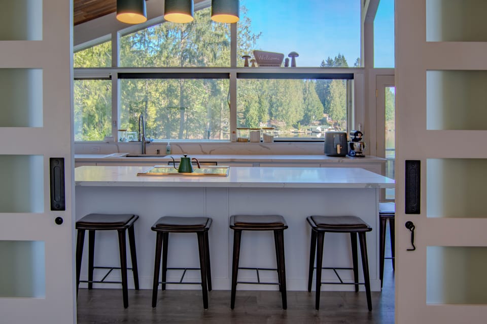 View of the kitchen from the upstairs bedroom.