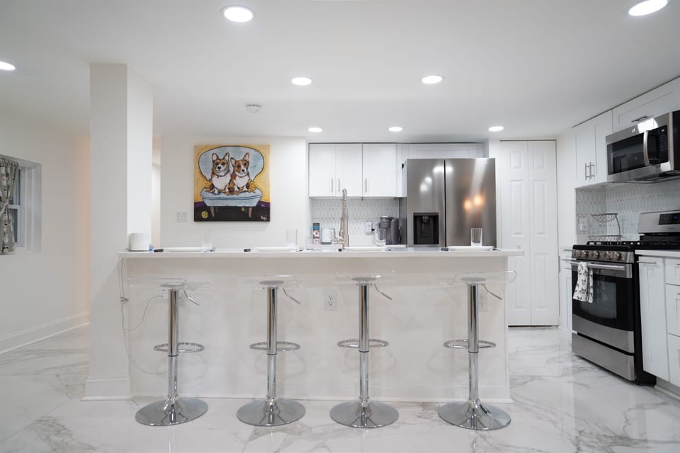 Up to four people can sit on the kitchen island