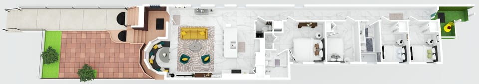 The space is approximately 1,300 sq ft total (interior) and has 4 bedrooms and 2.5 bathrooms, along with a shared front patio area and rear patio area on the exterior