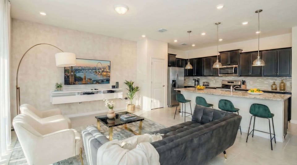 Stylish open-concept retreat with modern kitchen and cozy living space.