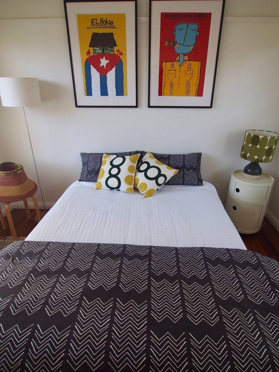 Bedroom has a queen bed.