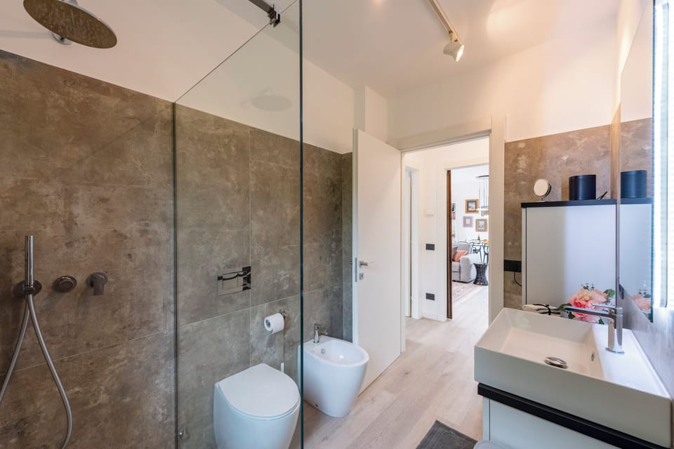 Shower, hair dryer, bidet, towels