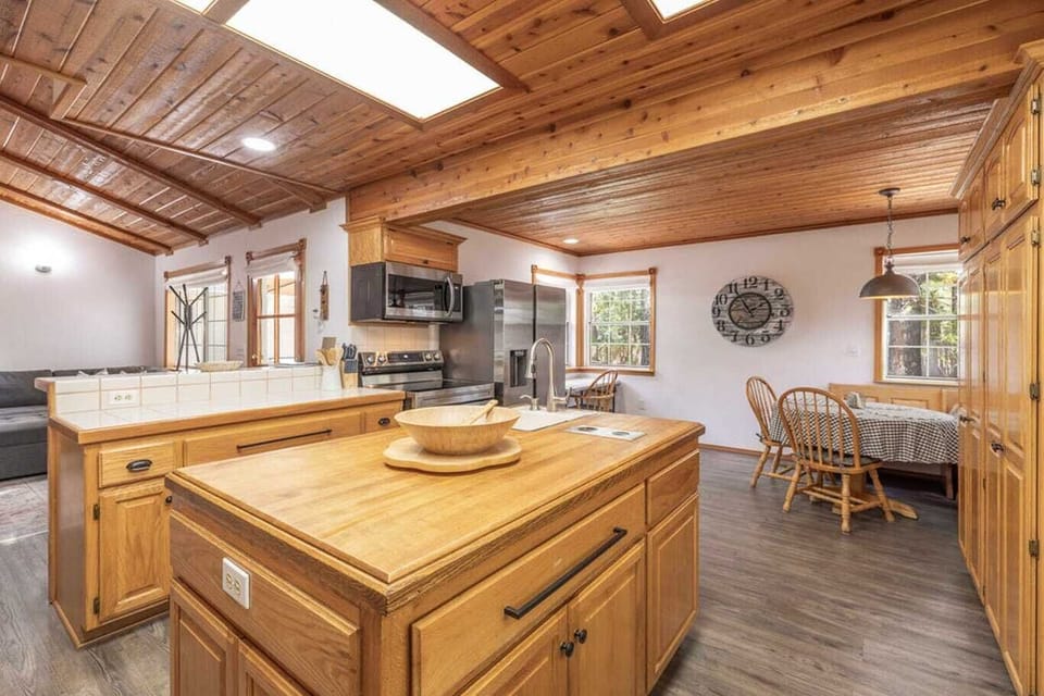 Skylights also make the kitchen feel bright and airy.