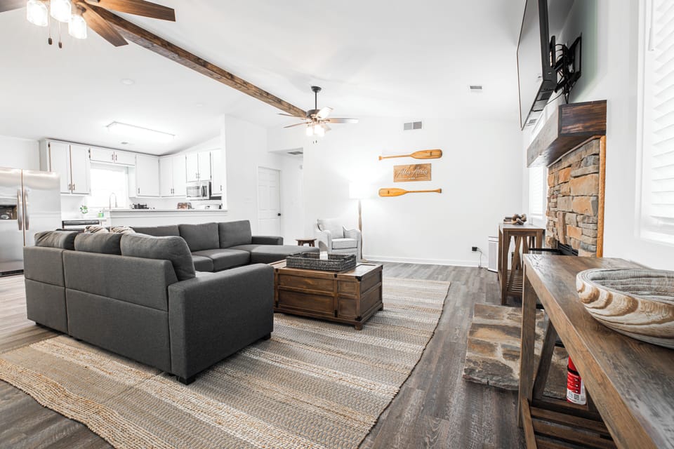 Living room opens up to kitchen area