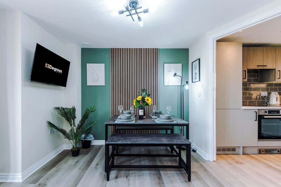 The open-plan living room, dining area and kitchen benefit from a comfortable double sofa-bed, 40-inch SMART TV on a movable bracket & dining table that can comfortably seat 6.