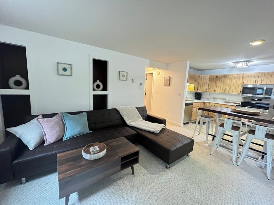 Lower level, open concept living room with pull-out sectional and smart TV