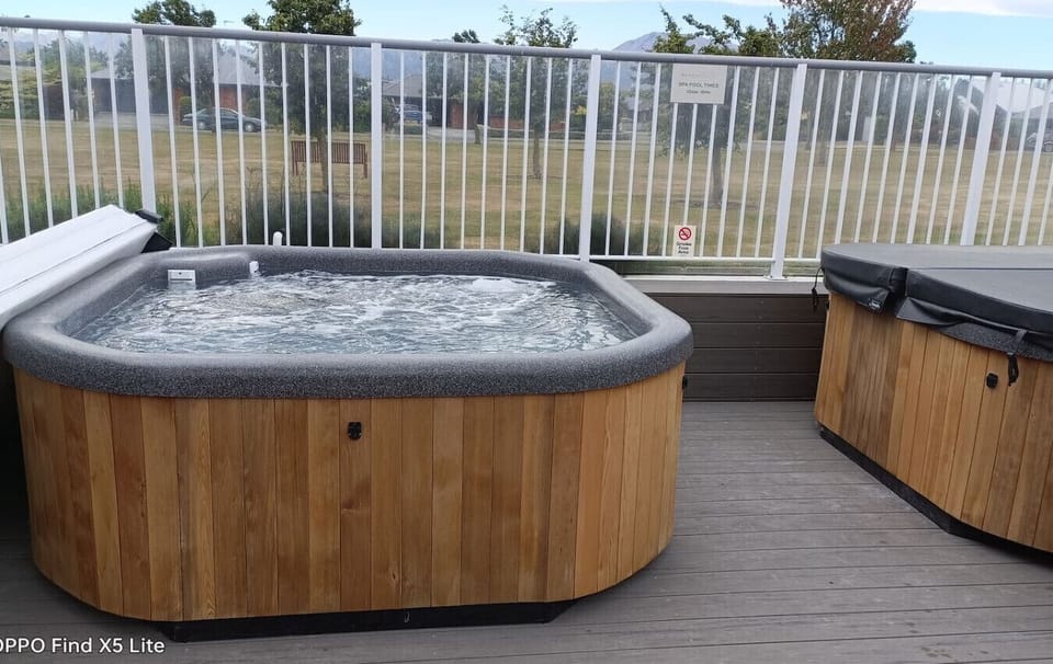 You get free use of the resort spas, with mountain views.