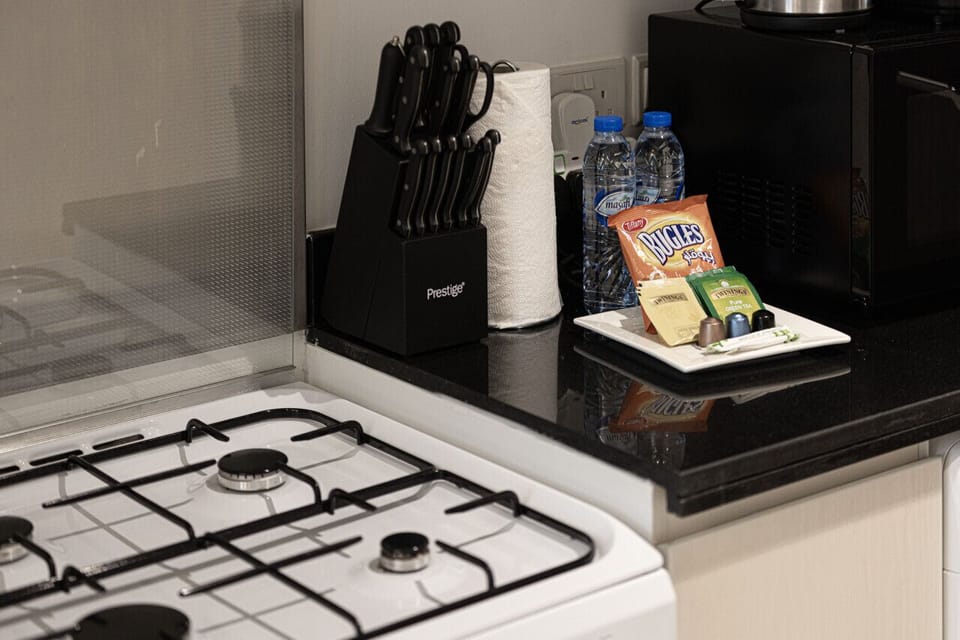 Fully Equipped Kitchenette – Includes stove, fridge, microwave, and essentials
