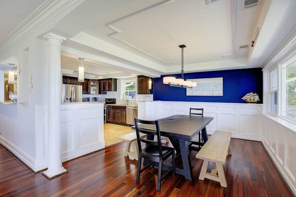 View of the dining room into the kitchen.