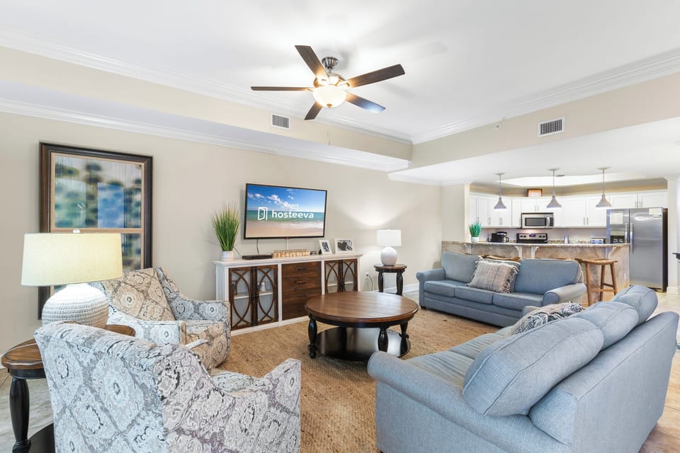 Family Condo, 3 Bedrooms, Pool Access, Beach View | Living room | 65-inch Smart TV with cable channels