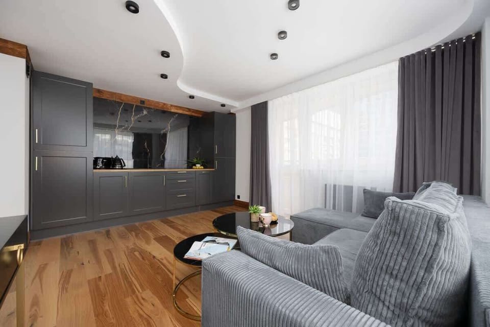 Modern living area with kitchenette.