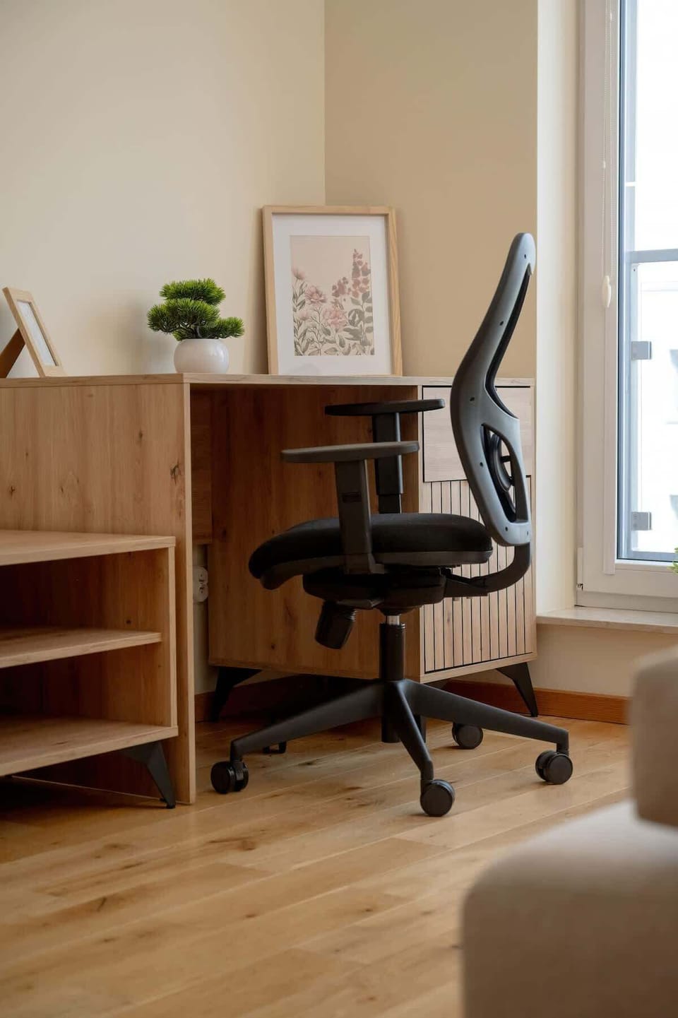 Desk with a chair for remote work.
