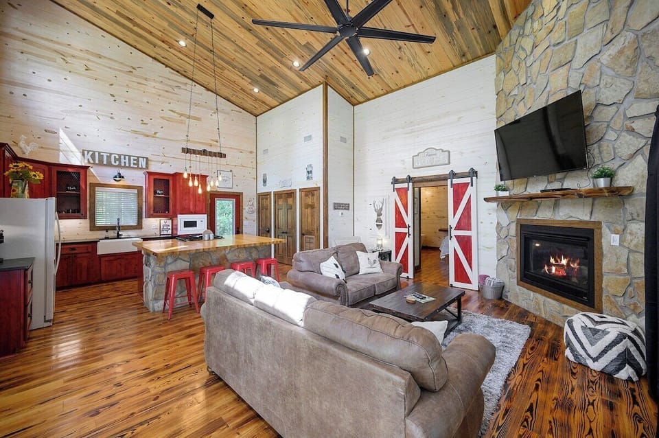 Farmhouse theme carried throughout this open floor plan