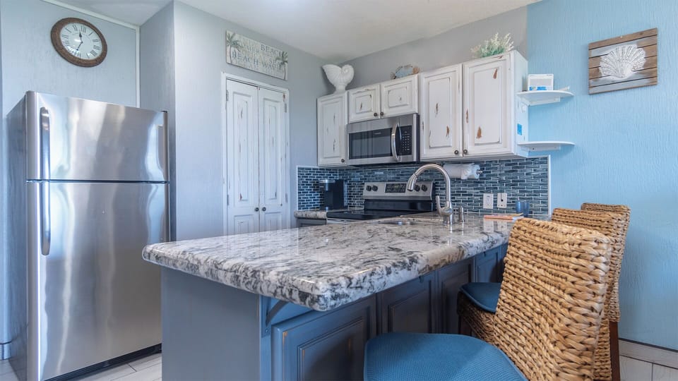 The kitchen is beautifully remodeled.