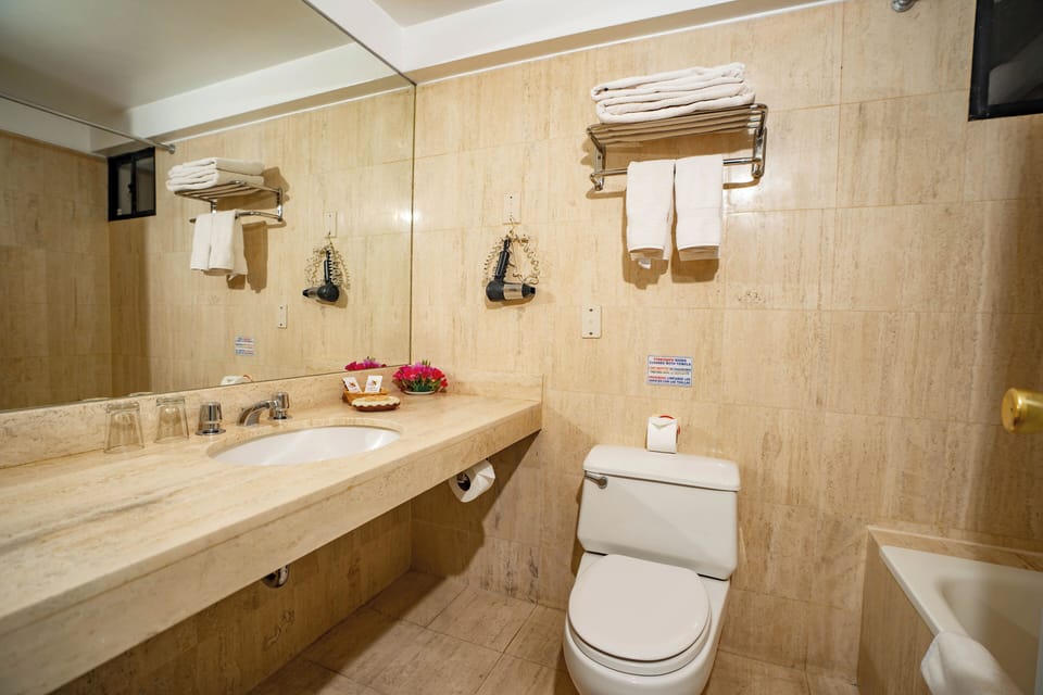Deep soaking tub, free toiletries, hair dryer, towels