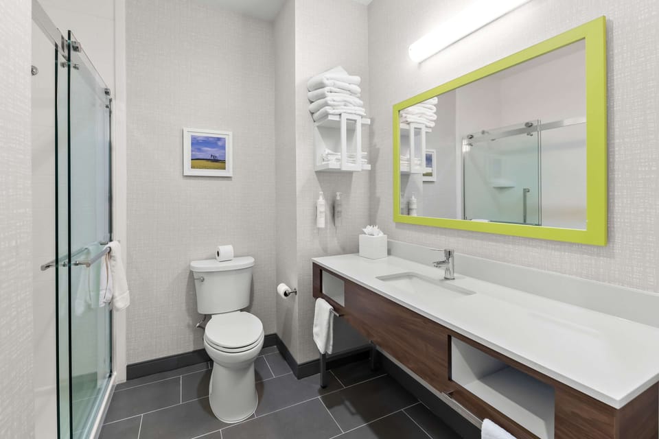 Hair dryer, towels, soap, shampoo