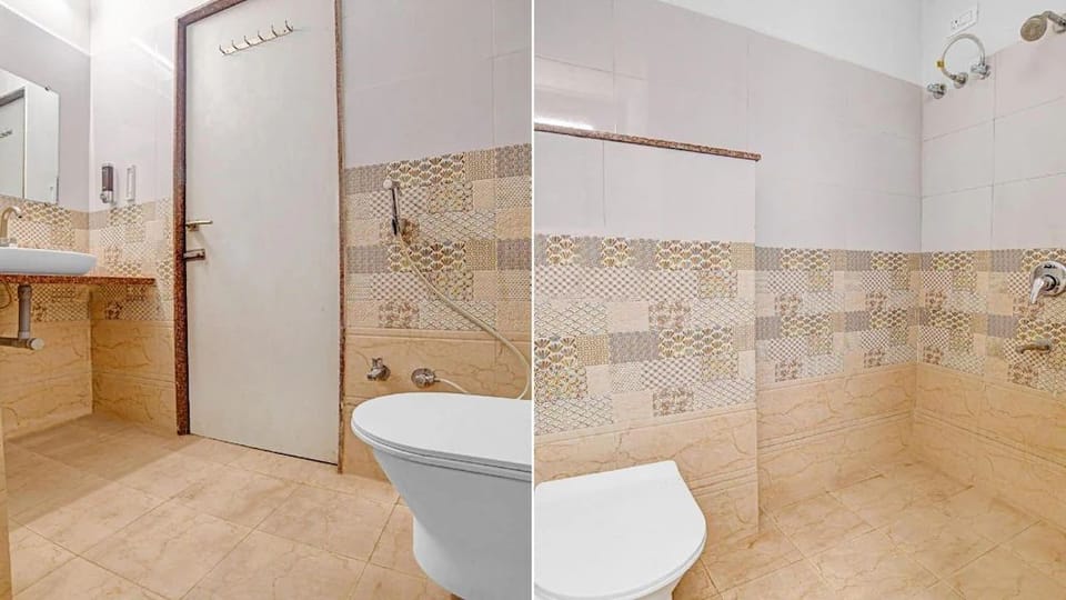 Shower, towels, soap, toilet paper