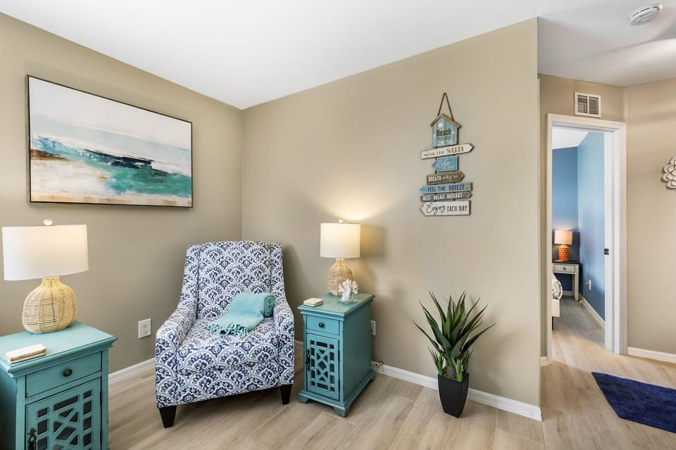 A cozy nook in the living room, great for curling up with a book.