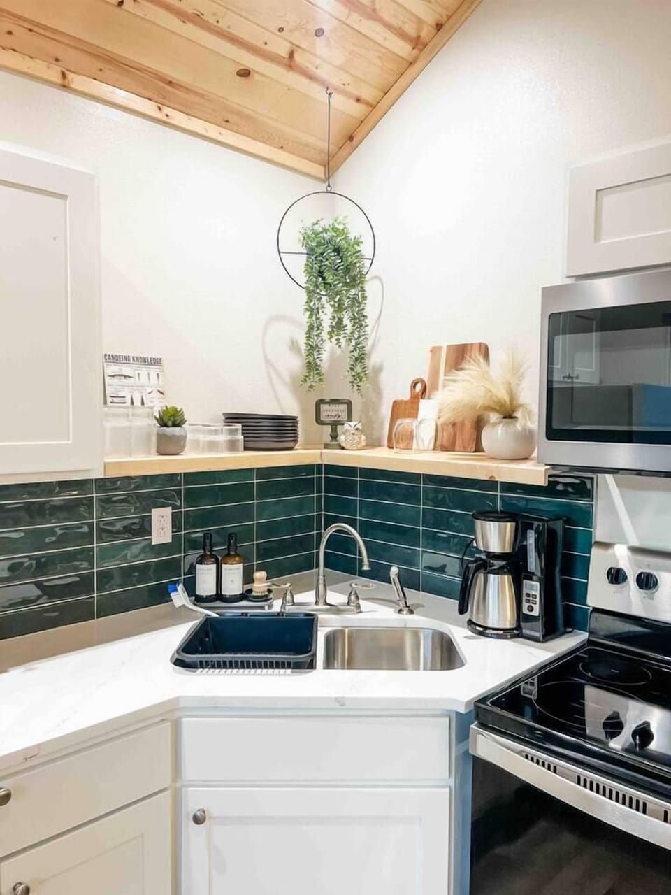Our kitchen is fully stocked with a set of dishes for  six, pots and pans, strainer, baking sheets, and a regular coffee pot. 