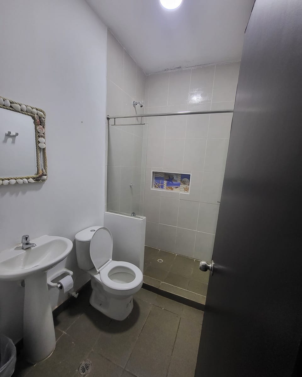 Shower, towels, soap, toilet paper