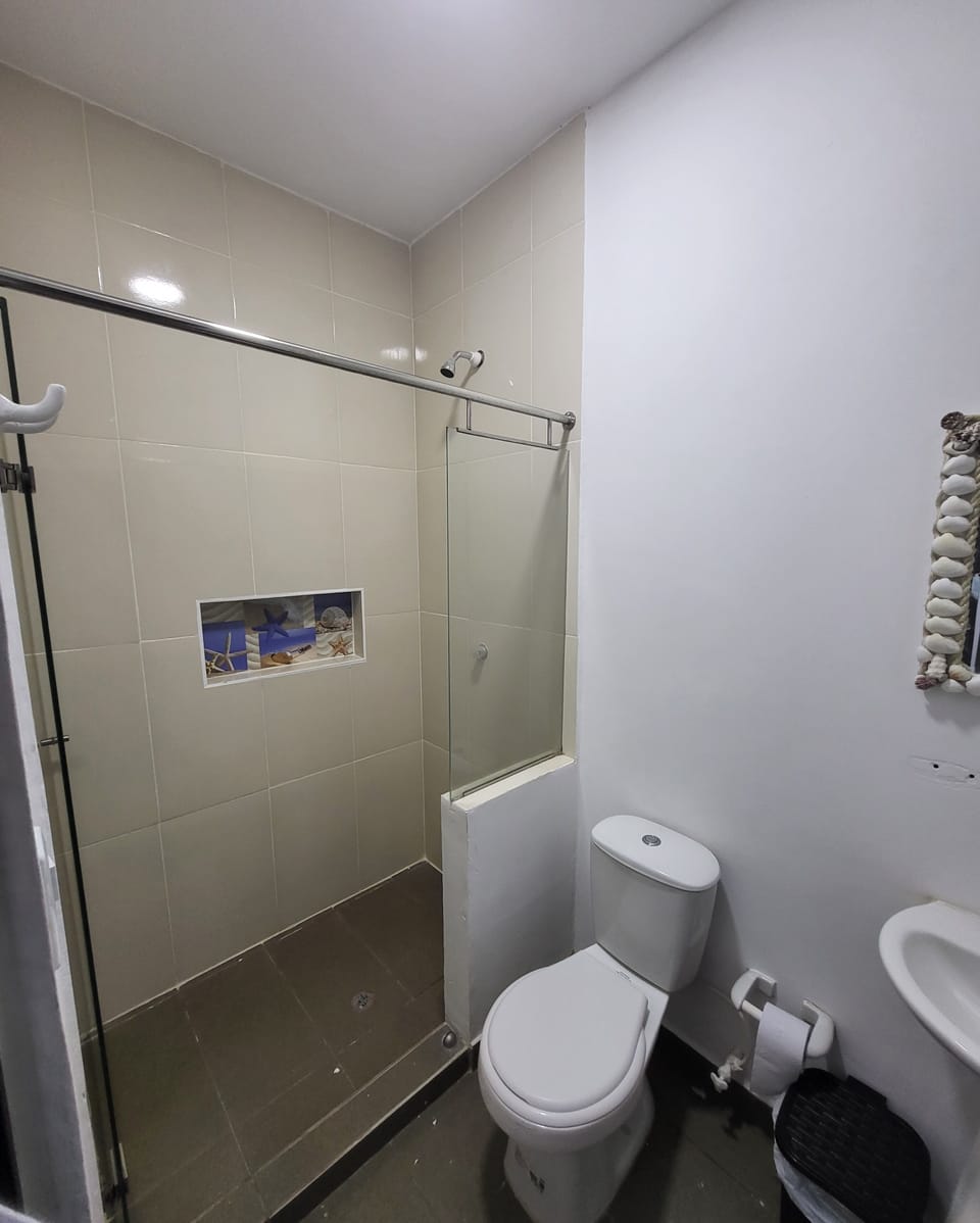 Shower, towels, soap, toilet paper