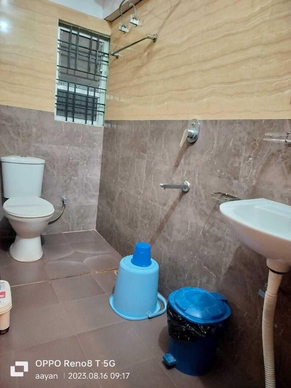 Shower, slippers, towels, soap