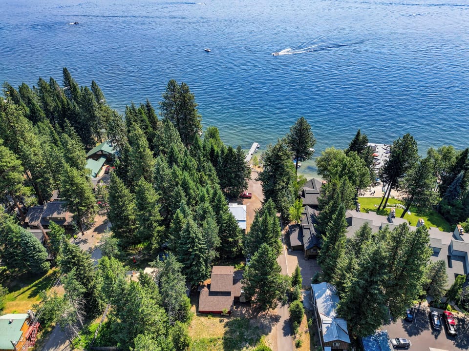 Aerial view of the home and Payette Lake