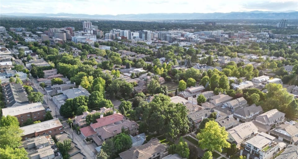 Aerial view of the neighborhood and Cherry Creek North a few blocks away