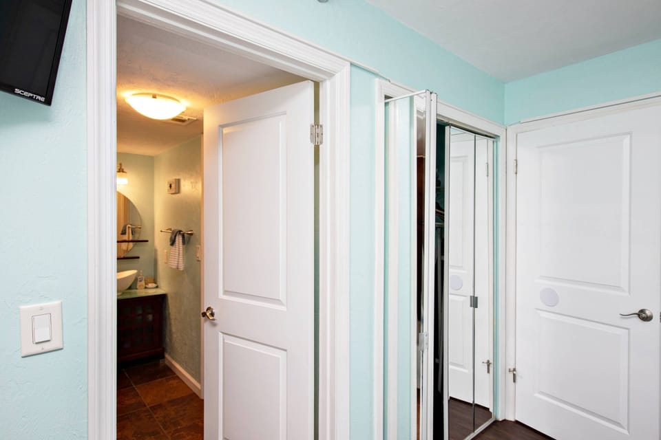 ....mirror closet, tall dresser and private access to the bathroom.