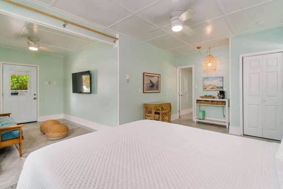Bedroom 4 is a charming studio-like retreat accessed from outside the house, featuring a cozy living area with a futon couch and a flat-screen TV, perfect for relaxing and unwinding.