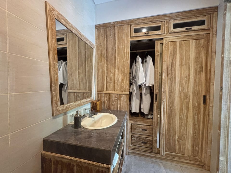 Premium Double Room, Pool View | Bathroom | Shower, free toiletries, hair dryer, bathrobes