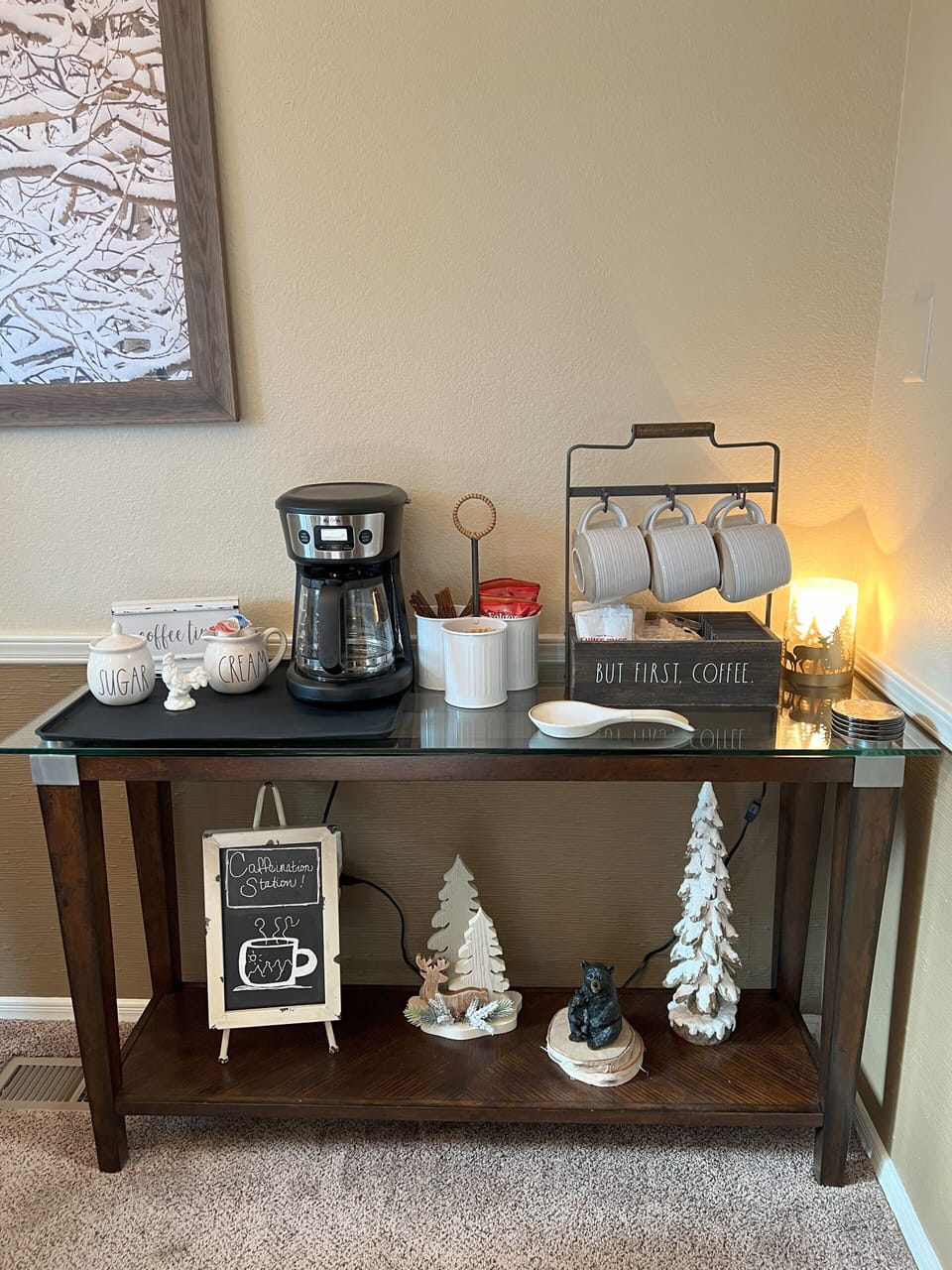 Coffee station includes welcome coffee, tea, hot cocoa, cream, sugar and honey