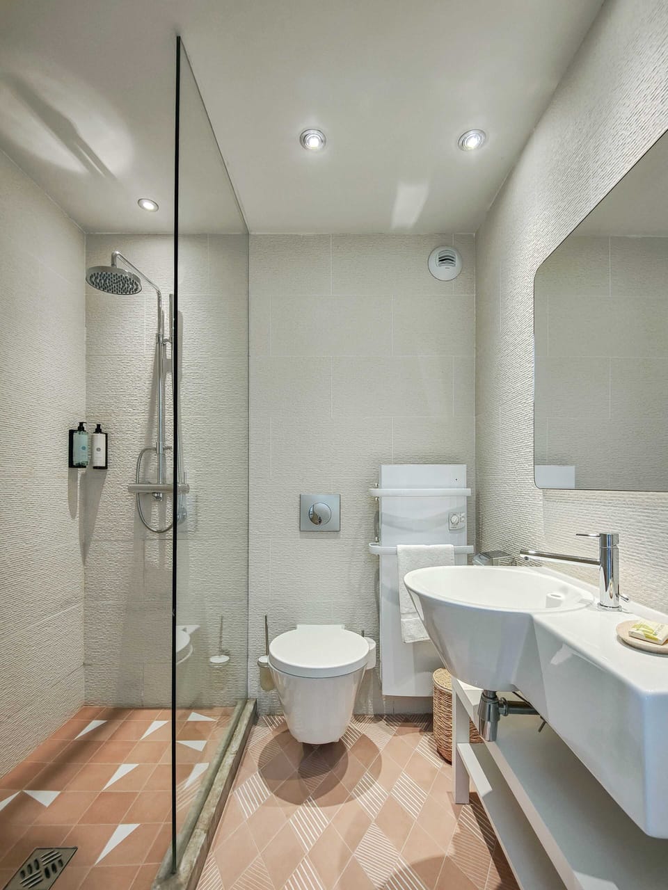 Hair dryer, towels, soap, shampoo