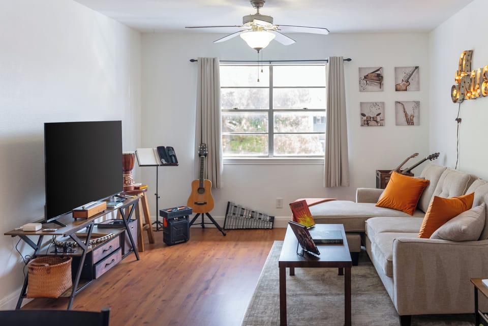 Living room gets great light during the day.