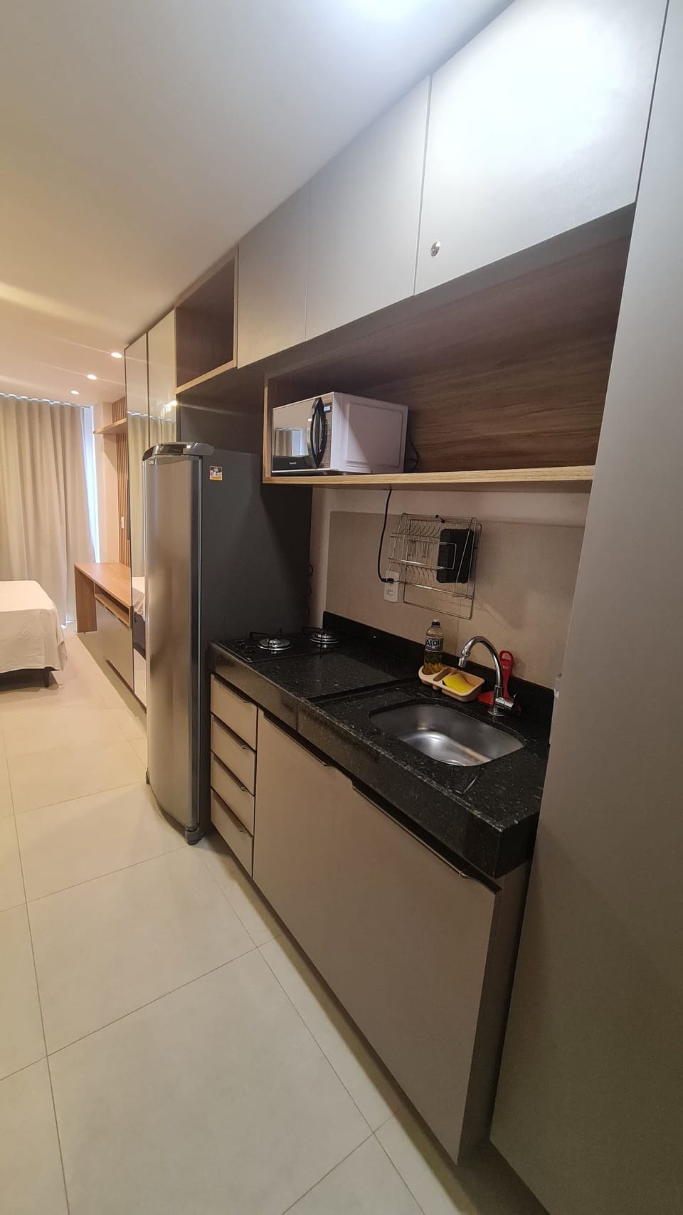 Fridge, microwave, stovetop, cookware/dishes/utensils