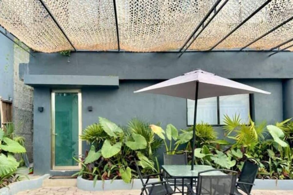 Shared courtyard with shaded seating