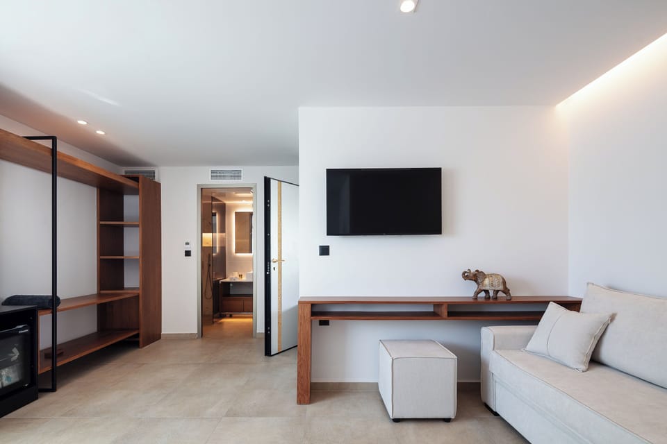 This bedroom features a King-size bed (1,80 x 2,00), an open closet, a 43” TV, a mini fridge, and an en-suite bathroom with a standup shower.
