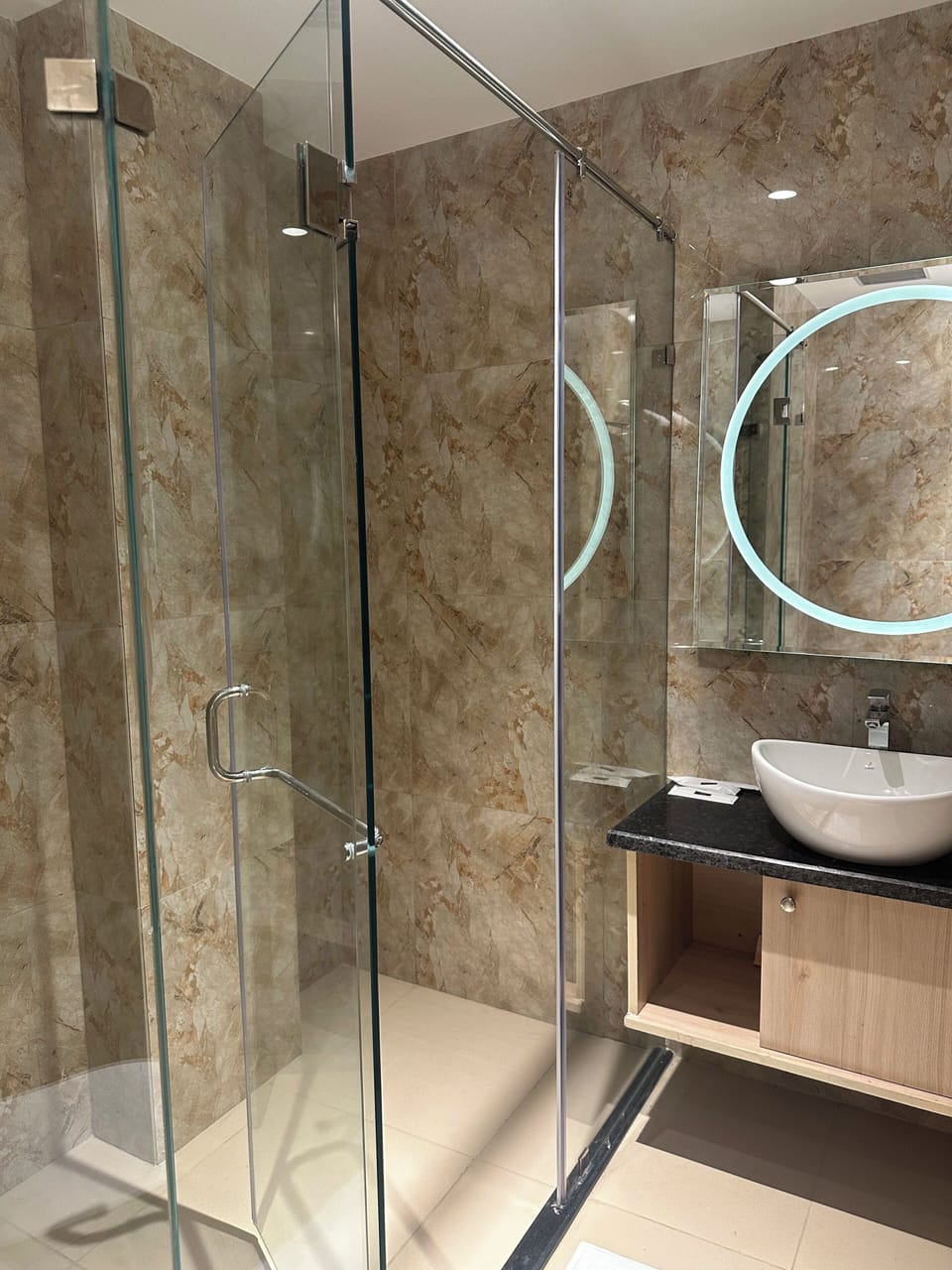Shower, slippers, bidet, towels