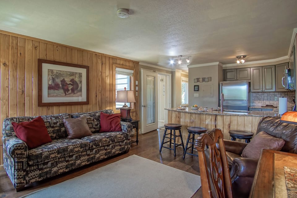 There is an open feel to the living room and kitchen.