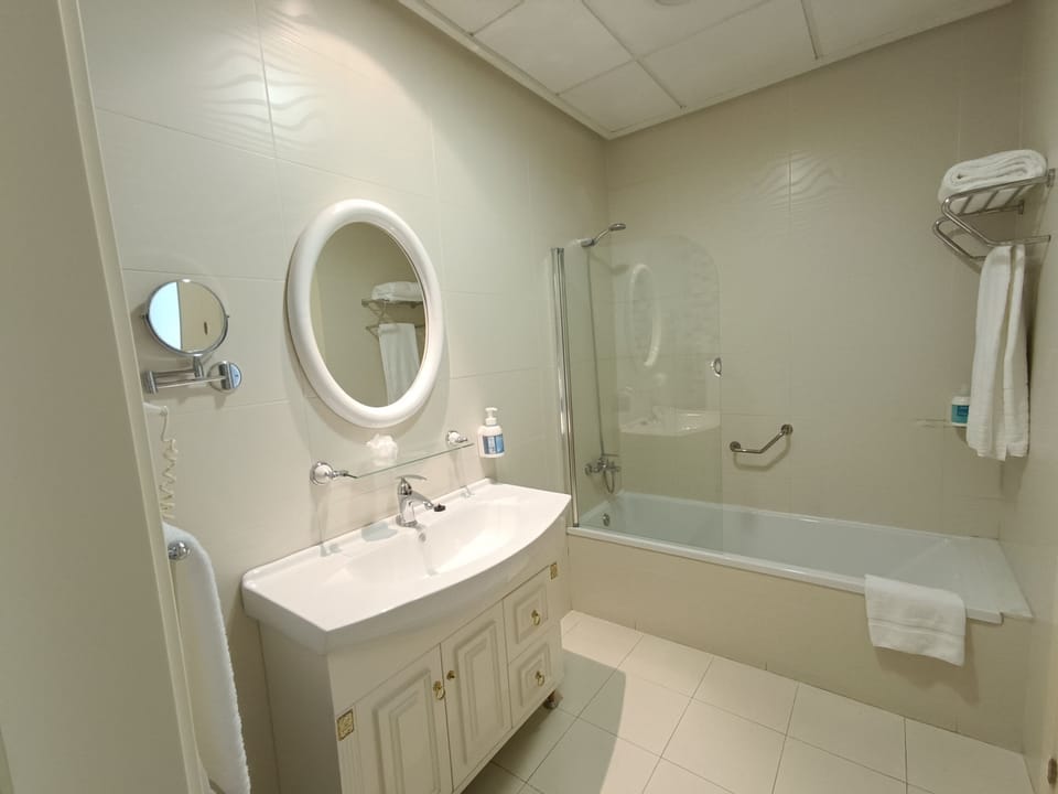 Hair dryer, bidet, towels, soap