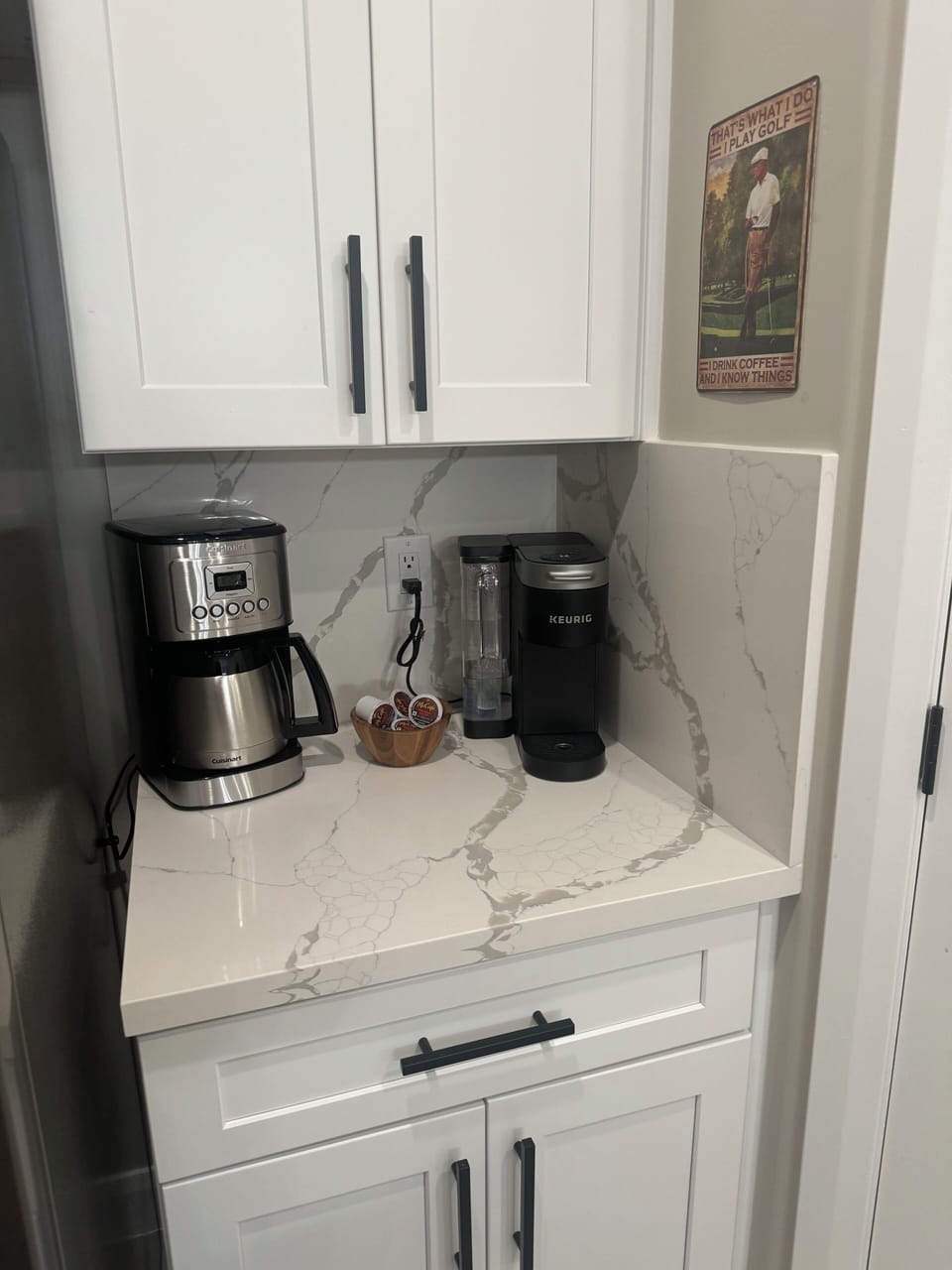 Overstocked kitchen, Kuerig and regular coffee pot w/ essential small appliances