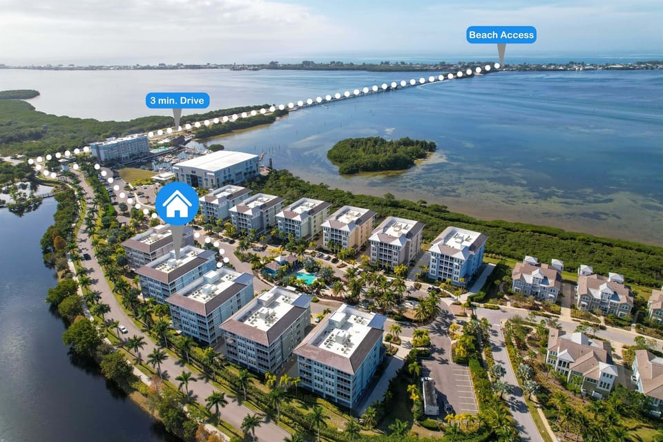 Located  on a private island 2 minute drive over the bridge to Manatee Beach!