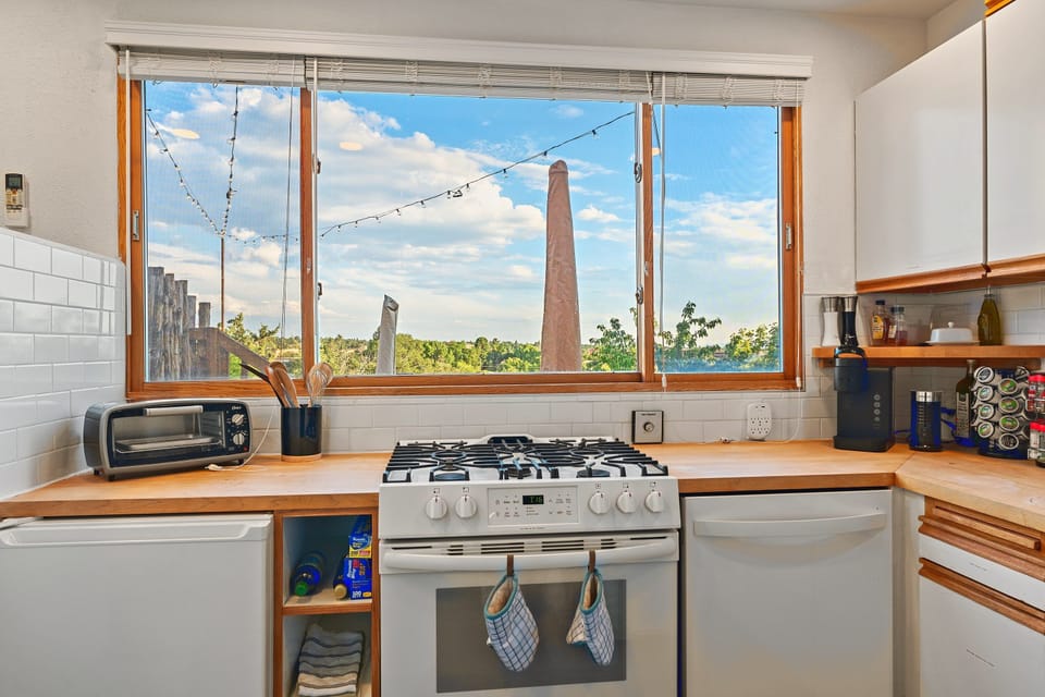 The window over the counter, looking out across the treetops.
