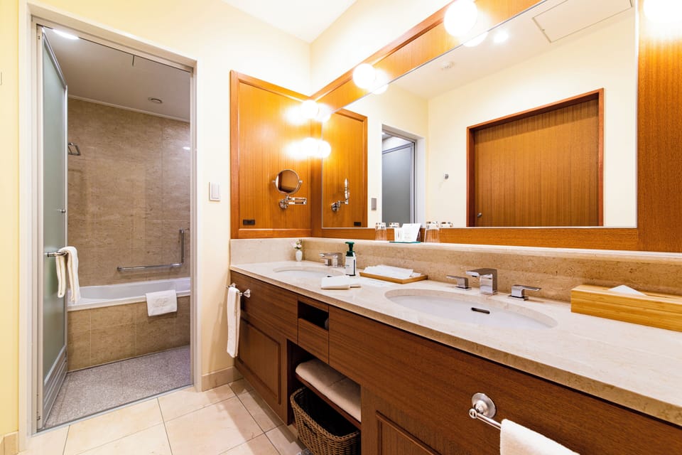 Separate tub and shower, rainfall showerhead, free toiletries