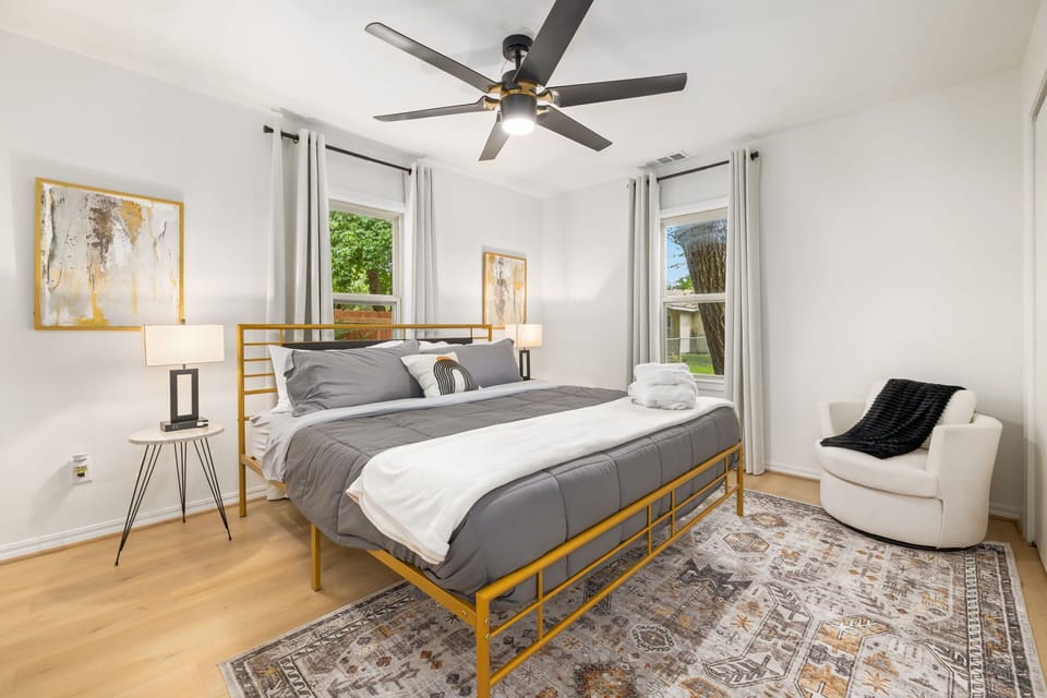 Our first bedroom has a King size bed, closet, and a nearby bathroom.