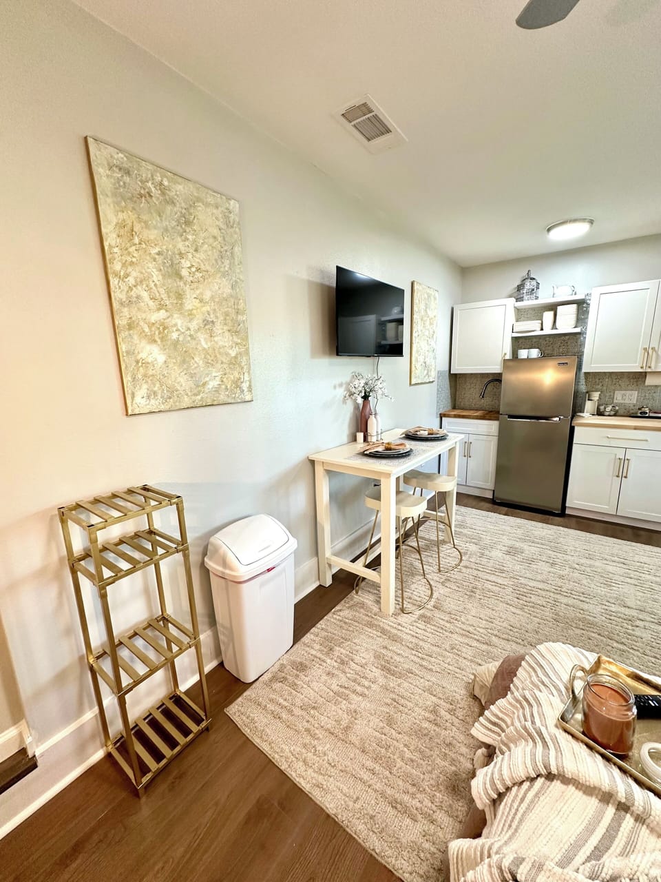 Large Smart TV on a swivel mount so that you can enjoy watching in bed!