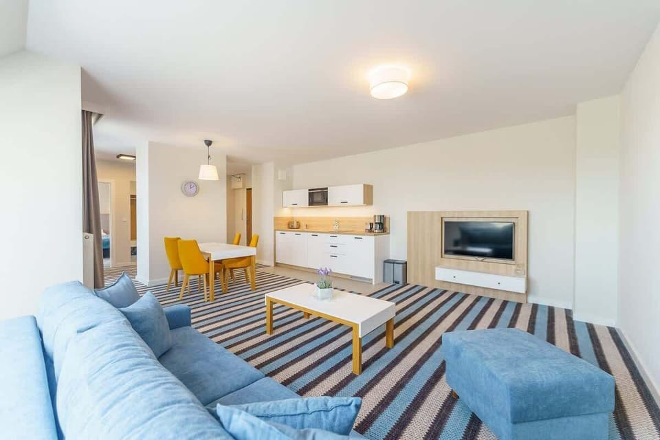 The living area features a sleek coffee table and a flat-screen television.