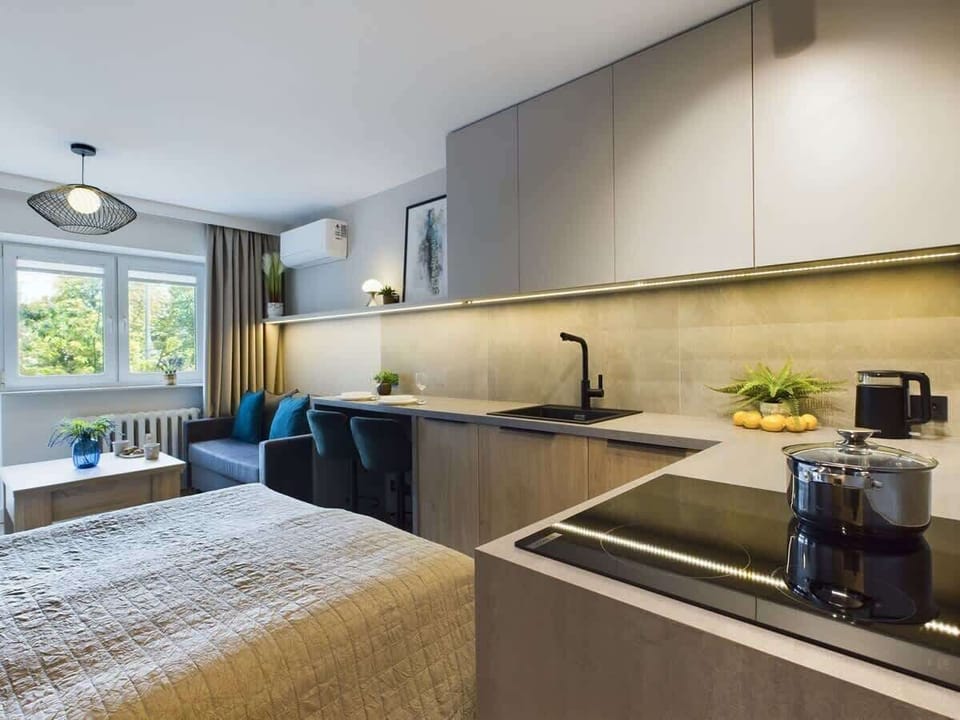 Integrated kitchen with cabinets and a countertop, adjacent to a sleeping zone, showcasing the practical studio layout.