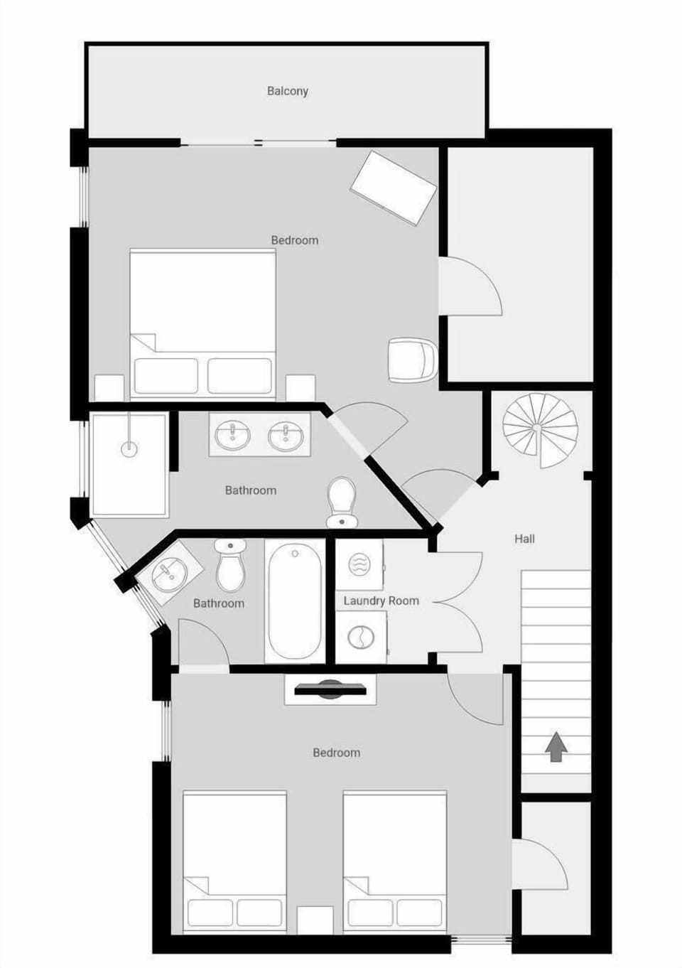 Well-designed floor plan shows two bedrooms, two bathrooms with modern fixtures, a laundry room for your convenience, and a private balcony to enjoy your mornings.