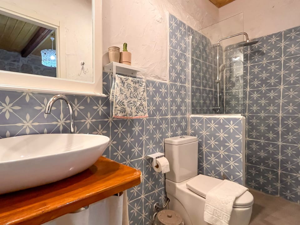 Shower, slippers, towels, toilet paper
